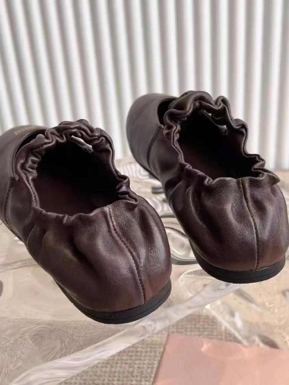 Miu Miu Dark Brown Leather Ruched Strap Ballet Flats